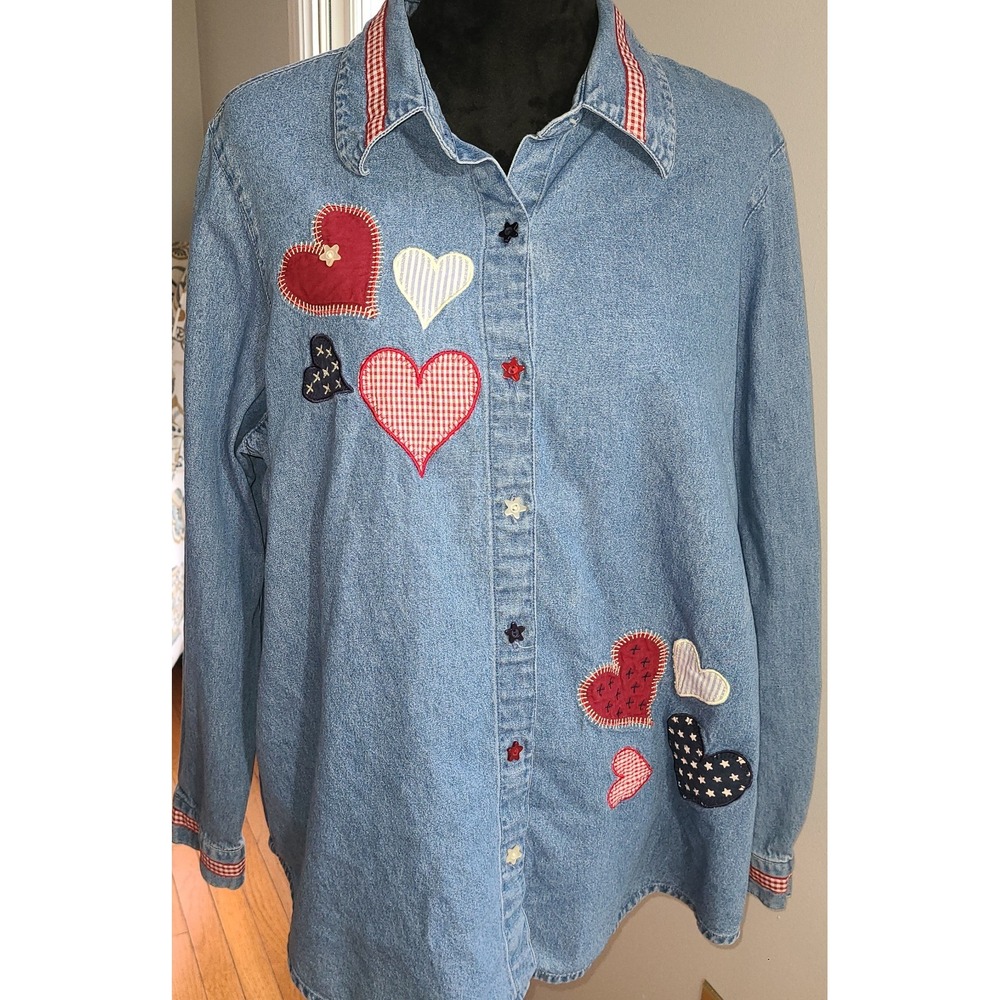 Vtg 90's Blair Long Sleeved Denim Shirt Gingham & Hearts Embroidery Grandmacore